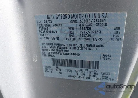 2003 Ford F-150 Xl/Xlt from USA, damaged, VIN 1FTRF07W83KD44040